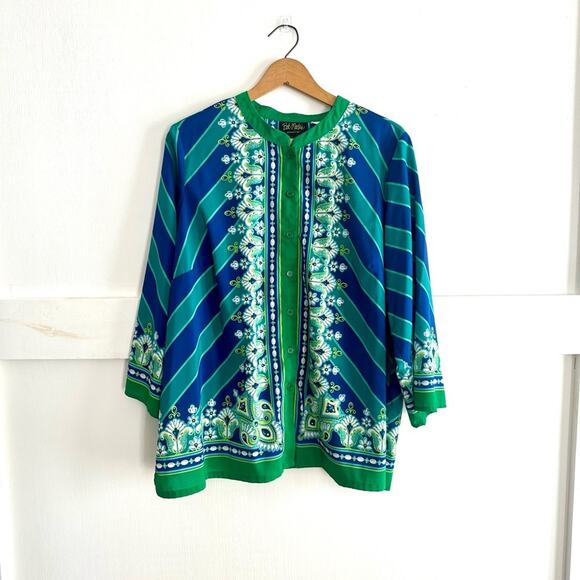 Bob Mackie Wearable Art Green Blue Boho Stripes Paisley Button Down 1X - Picture 1 of 9